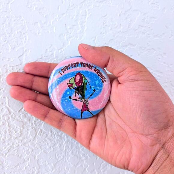 Handmade | Iridescent Sparkle Invader Zim Trans Pride Pin / Button Alt Emo Y2K - Picture 1 of 3